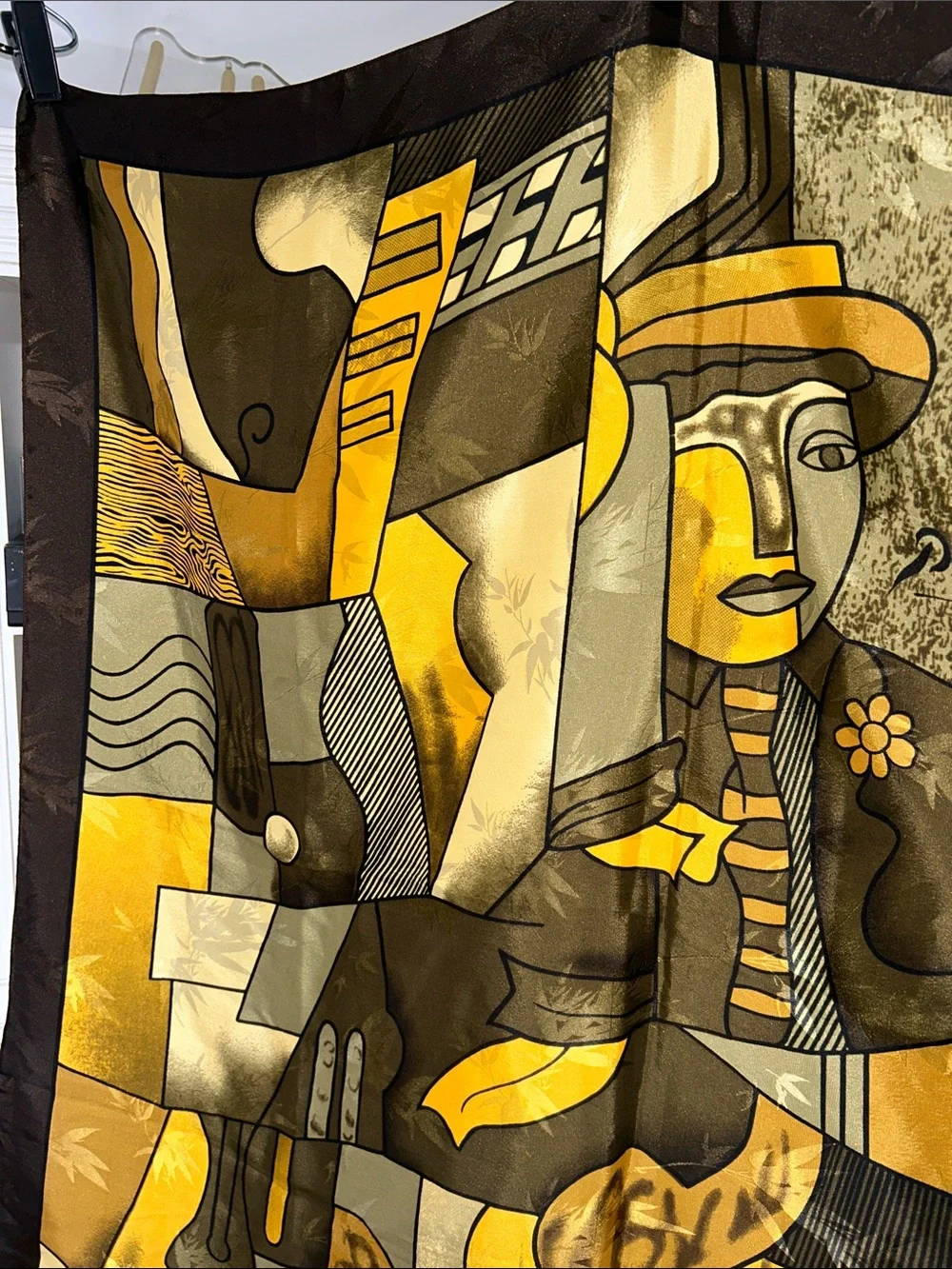 Yellow Brown Abstract Cubist Faux Silk Scarf